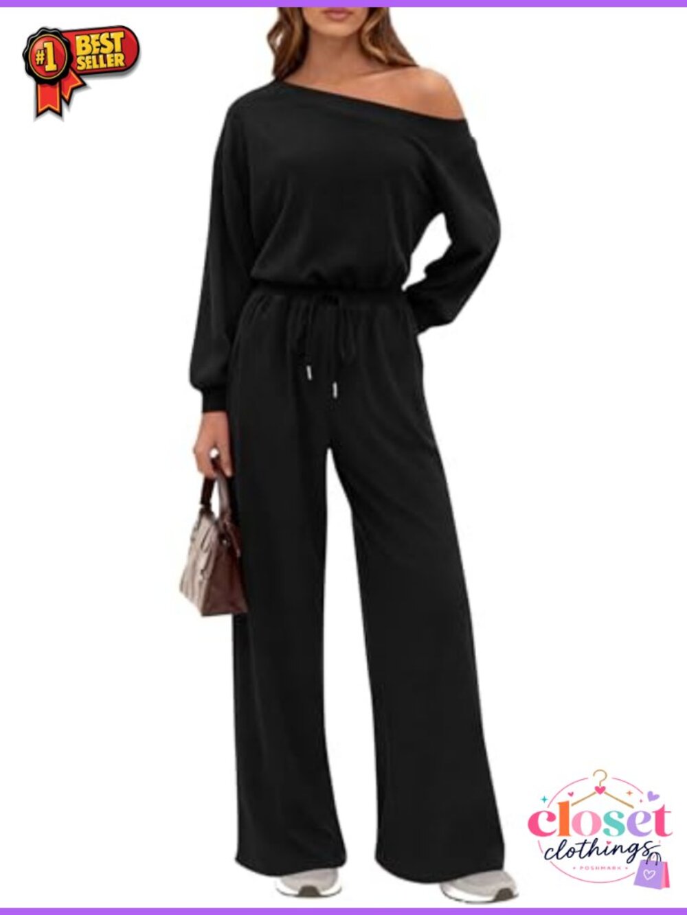 Womens Off Shoulder Long Sleeve Jumpsuit Wide Leg Loose Fit One Piece